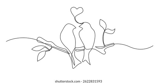 continuous line drawing of birds with love. one line drawing of birds singing love on a tree branch. single line vector illustration of a symbol of affection, marriage, couple