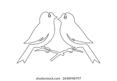continuous line drawing of birds with love. one line drawing of birds singing love on a tree branch, card, poster, brochure, doodle, sign, outline symbol, sketch, silhouette.