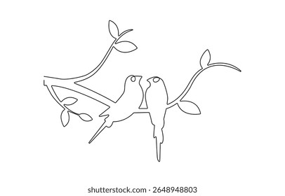 continuous line drawing of birds with love. one line drawing of birds singing love on a tree branch, card, poster, brochure, doodle, sign, outline symbol, sketch, silhouette.