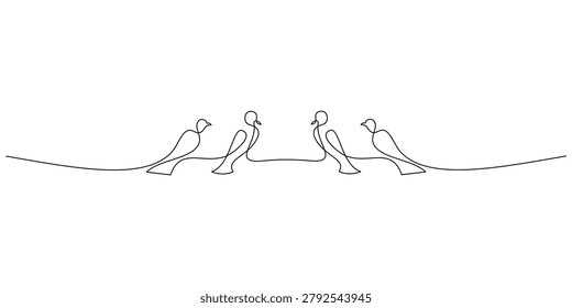 Continuous line drawing of birds on wire, minimalist flock of birds single line art illustration for modern wall decor and greeting card
