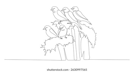 Continuous Line Drawing of Birds Perched on Branches in Minimalist Style