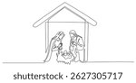 continuous line drawing of the birth of jesus christ. single line drawing of joseph and mary kneeling beside baby jesus. line art drawing of the birth of jesus in straw in a stable