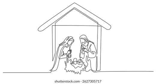 continuous line drawing of the birth of jesus christ. single line drawing of joseph and mary kneeling beside baby jesus. line art drawing of the birth of jesus in straw in a stable