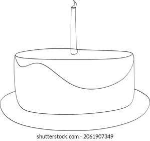 Continuous line drawing of birthday cake. A cake with sweet cream and candle. Celebration birthday party concept isolated on white background. Hand drawn vector design illustration