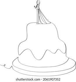 Continuous line drawing of birthday cake. A cake with sweet cream and candle. Celebration birthday party concept isolated on white background. Hand drawn vector design illustration