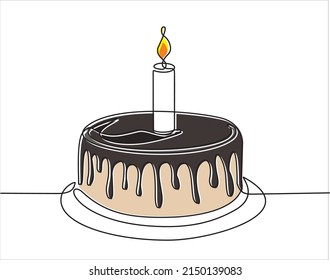 Dibujo continuo de la tarta de cumpleaños. Pastel con crema dulce y una vela. Concepto de celebración de cumpleaños aislado en fondo blanco. Ilustración vectorial de diseño dibujada a mano