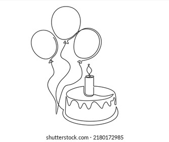 Continuous line drawing of birthday cake and balloons. Cake with sweet cream and a candle. Birthday celebration concept isolated on white background. Hand drawn design vector illustration