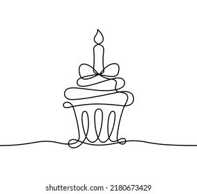 Continuous line drawing of birthday cake with candle. Christmas or Easter muffin, cupcake for anniversary. Vector outline illustration of sweet pastry, hand drawn sketch of bakery dessert with cream