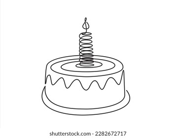 Continuous line drawing of birthday cake. Cake with sweet cream and a candle. Birthday celebration concept isolated on white background. Hand drawn design vector illustration