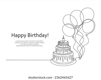 Continuous line drawing of birthday cake and balloons. Cake with sweet cream and a candle. Birthday celebration concept isolated on white background. Hand drawn design vector illustration