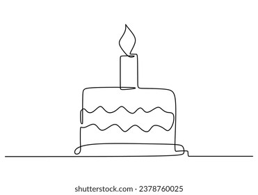 Dibujo continuo de una torta de cumpleaños con velas. Ilustración vectorial aislada en fondo blanco. Diseño minimalista a mano.
