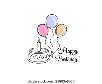 Continuous line drawing of birthday cake and balloons. Cake with sweet cream and a candle. Birthday celebration concept isolated on white background. Hand drawn design vector illustration