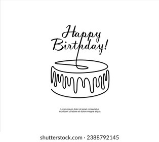 Dibujo continuo de la tarta de cumpleaños. Pastel con crema dulce. Concepto de celebración de cumpleaños aislado en fondo blanco. Ilustración vectorial de diseño dibujada a mano