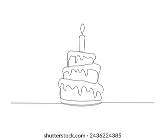 Línea Continua De Dibujo De Pastel De Cumpleaños. Una Línea De Pastel. Tarta de cumpleaños Línea continua de arte. Contorno editable.
