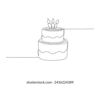Continuous Line Drawing Of Birthday Cake. One Line Of Cake. Birthday Cake Continuous Line Art. Editable Outline.
