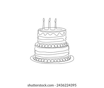 Continuous Line Drawing Of Birthday Cake. One Line Of Cake. Birthday Cake Continuous Line Art. Editable Outline.
