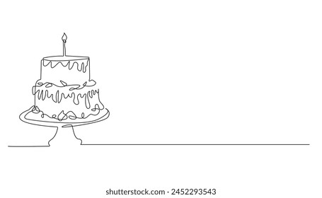 continuous line drawing of birthday cake.one line drawing of birthday cake with coasters and candles.isolated white background