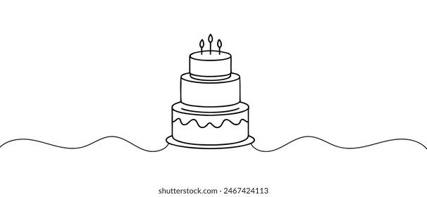 Continuous line drawing of birthday cake. Cake with sweet cream and a candle. Birthday celebration concept isolated on white background.