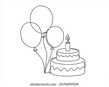 Continuous line drawing of birthday cake and balloons. Cake with sweet cream and a candle. Birthday celebration concept isolated on white background. Hand drawn design vector illustration