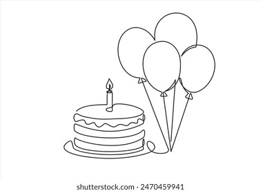 Dibujo de línea continua de torta de cumpleaños y globos. Pastel con crema dulce y una vela. Concepto de celebración de cumpleaños aislado sobre fondo blanco. Ilustración vectorial de diseño dibujado a mano