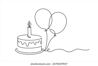 Continuous line drawing of birthday cake and balloons. Cake with sweet cream and a candle. Birthday celebration concept isolated on white background. Hand drawn design vector illustration