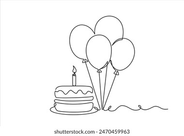 Continuous line drawing of birthday cake and balloons. Cake with sweet cream and a candle. Birthday celebration concept isolated on white background. Hand drawn design vector illustration
