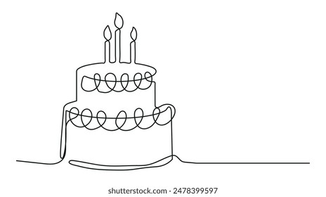 Dibujo de línea continua. Torta de cumpleaños con vela. Símbolo de celebración. Negro aislado sobre fondo blanco. Ilustración vectorial dibujada a mano