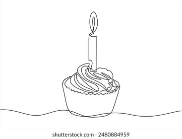 Dibujo de línea continua. Torta de cumpleaños con vela. Símbolo de celebración. Negro aislado sobre fondo blanco. Ilustración vectorial dibujada a mano