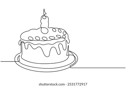Continuous line drawing of a birthday cake with candle,Continuous Line Drawing of Happy Birthday Icon. Hand Drawn Symbol Vector Illustration, one continuous line drawing of birthday cake