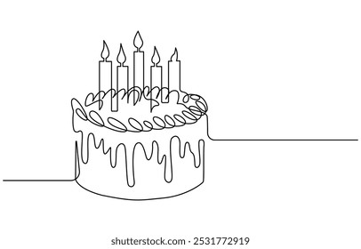 Continuous line drawing of a birthday cake with candle,Continuous Line Drawing of Happy Birthday Icon. Hand Drawn Symbol Vector Illustration, one continuous line drawing of birthday cake