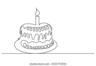 Continuous line drawing of a birthday cake with candle,Continuous Line Drawing of Happy Birthday Icon. Hand Drawn Symbol Vector Illustration, one continuous line drawing of birthday cake