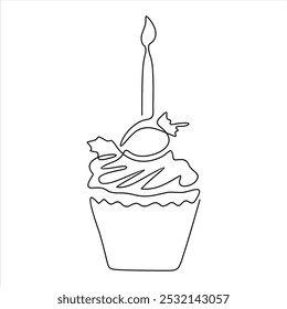 Dibujo de línea continua de pastel de cumpleaños con vela. Navidades o muffin de Pascua, cupcake para el aniversario. Ilustración del contorno del Vector de la pastelería dulce, bosquejo dibujado a mano del postre de la panadería con la crema