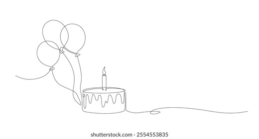 Continuous line drawing of birthday cake with candle and balloons. Birthday cake one line drawing in single line art style. Doodle sketch concept isolated on white background. Vector Illustration