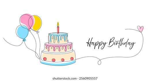 Continuous line drawing of birthday cake with candles and balloons. Birthday cake one line colored drawing in single line art style. Doodle sketch concept. Editable stroke Vector Illustration