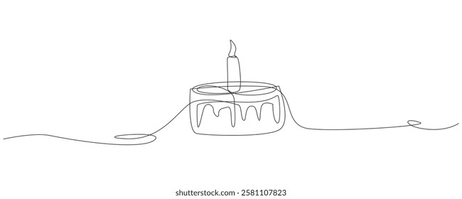 Continuous line drawing of birthday cake with candle. Birthday cake one line drawing in single line art style. Doodle sketch concept isolated on white background