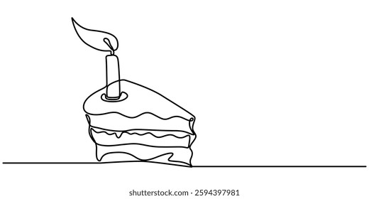 Continuous Line Drawing of Birthday Cake. Sweet Dessert Continuous One Line Drawing of Cake Vector Simple Linear Illustration, Happy Birthday Icon. Hand Drawn Symbol Vector Illustration, celebration.