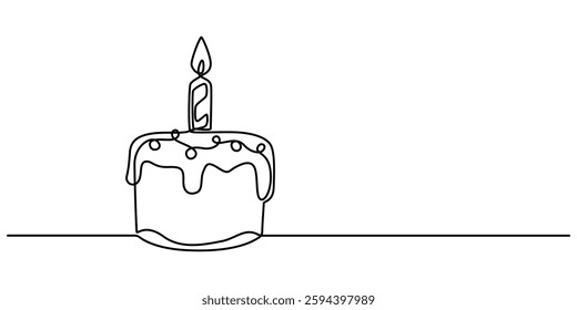 Continuous Line Drawing of Birthday Cake. Sweet Dessert Continuous One Line Drawing of Cake Vector Simple Linear Illustration, Happy Birthday Icon. Hand Drawn Symbol Vector Illustration, celebration.