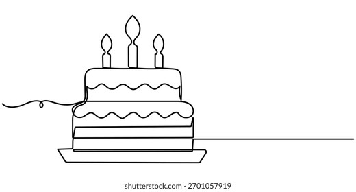 Desenho de linha contínua do bolo de aniversário com vela. Um bolo com creme e velas. Conceito de festa de aniversário. Momento feliz no minimalismo de ilustração de vetor de fundo branco. 