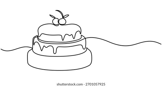 Continuous line drawing of birthday cake with candle. A cake with cream and candles. Birthday party celebration concept. Happy moment on white background vector illustration minimalism. 