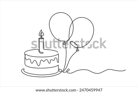 Continuous line drawing of birthday cake and balloons. Cake with sweet cream and a candle. Birthday celebration concept isolated on white background. Hand drawn design vector illustration