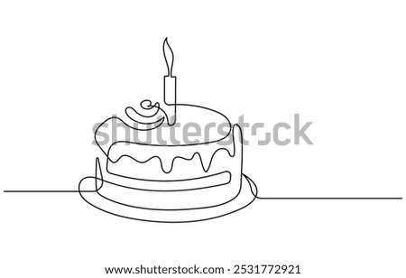 Continuous line drawing of a birthday cake with candle,Continuous Line Drawing of Happy Birthday Icon. Hand Drawn Symbol Vector Illustration, one continuous line drawing of birthday cake