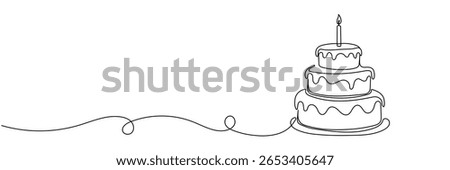 Continuous line drawing of a birthday cake with candle,Continuous Line Drawing of Happy Birthday Icon. Editable stroke