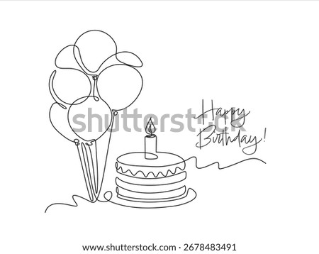 Continuous line drawing of birthday cake with candle and balloons. Birthday cake one line drawing in single line art style. Hand drawn one line vector. Editable stroke	