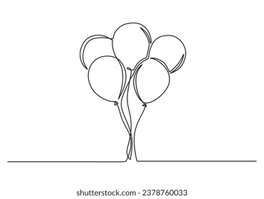 Continuous line drawing birthday celebration balloons. Concept for holiday kids decoration. Vector illustration isolated on white background. Minimalist design handdrawn.