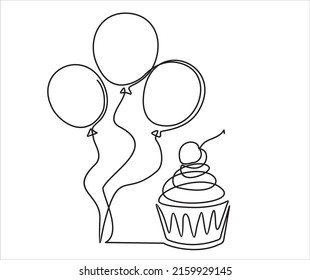 Dibujo de línea continua de quequitos de cumpleaños y globos. Pastel con decoración y cereza. Concepto de celebración de cumpleaños aislado en fondo blanco. Ilustración vectorial de diseño dibujada a mano