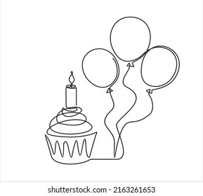 Continuous line drawing of birthday cupcake and balloons. Cupcake with decoration and a candle. Birthday celebration concept isolated on white background. Hand drawn design vector illustration