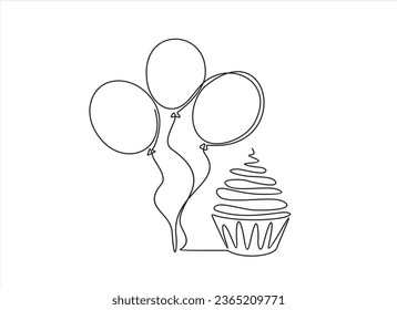 Dibujo de línea continua de quequitos de cumpleaños y globos. Pastel con decoración. Concepto de celebración de cumpleaños aislado en fondo blanco. Ilustración vectorial de diseño dibujada a mano