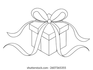 Continuous line drawing of a birthday gift box with ribbon and bow, minimalistic single-line vector illustration

