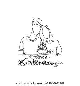 Continuous Line Drawing Birthday with a Romantic Partner. Hand Holding Birthday Cake .Illustration Icon Vector