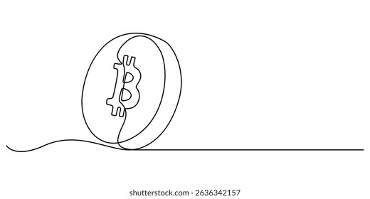 Continuous line drawing of bitcoin cryptocurrency silhouette. Blockchain, finance and banking technology concept drawn by one line, Bitcoin coin, cryptocurrency one line art, money, finance, financial